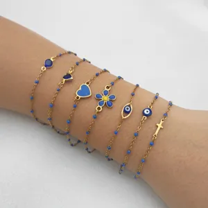 Stainless Steel Evil Eye Heart Cross Charm Bracelet For Women Gold Plated Blue Beads Beach Vacation Stackable Friendship Bracelet Jewelry
