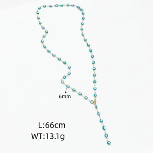 Detail view of the stainless steel evil eye Y-shaped necklace with detailed bead craftsmanship.