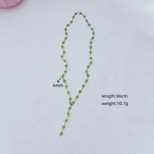 Gold stainless steel Y-shaped necklace with green stones, chic drop jewelry for women.