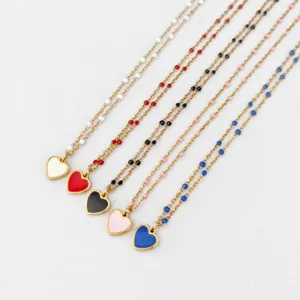Stainless Steel Handmade Enamel Heart Pendant Necklace Colorful Enamel Bead Chain Trendy Dopamine Heart Necklaces For Women Jewelry Gift