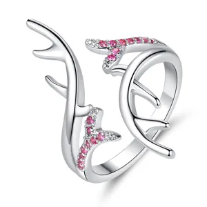 Minimalistische Koperen Hertenantler Open Ring Voor Vrouwen Verzilverd Strass Bos Verstelbare Mode Sieraden Vingerring