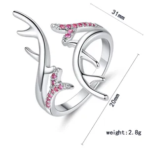 Elegante verstelbare ring in de vorm van een hertengewei met roze stenen voor dames