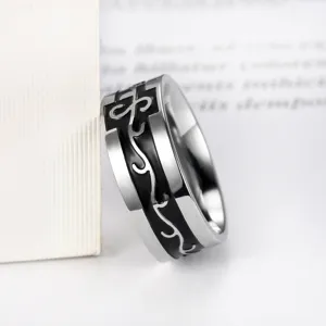 Classic men's stainless steel ring featuring a black dragon pattern on a polished silver band
