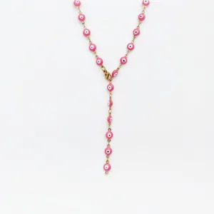 Close-up detail of the pink evil eye Y-shaped pendant necklace showcasing exquisite craftsmanship.