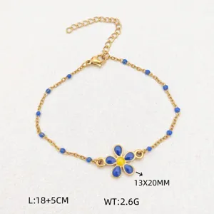 Gold stainless steel flower bracelet with blue beads beach vacation jewelry for women gifts
