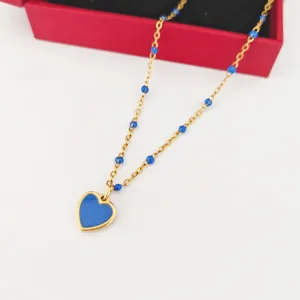 Stainless steel blue enamel heart pendant necklace with bead chain fashion jewelry.
