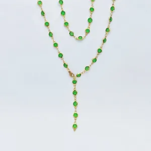 Gold stainless steel Y-shaped necklace with green round glass stones fashion jewelry