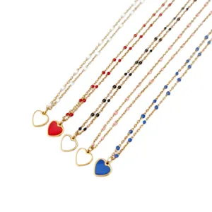 Stainless steel enamel heart pendant necklace colorful bead chain dopamine fashion jewelry
