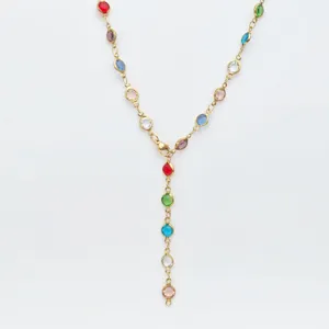 Stainless Steel Gold Y-Chain Necklace With Colorful Rhinestone Bohemian Style Long Drop Necklace For Women Fashion Jewelry