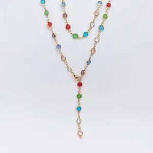 Stainless steel gold Y-shape necklace with colorful glass stones for women bohemian style