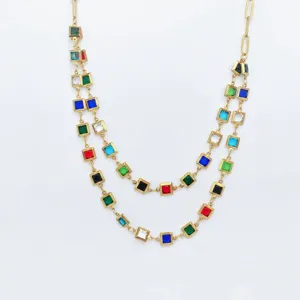Double Layered Stainless Steel Necklace Colorful Rhinestone Geometric Pendant Choker Fashion Jewelry For Women Gift