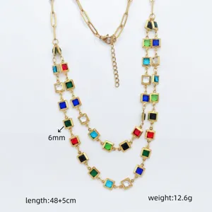 Stainless steel layered double-layer square colorful crystal glass choker necklace for women