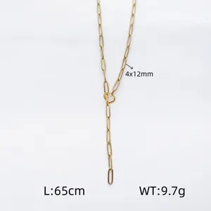 Close-up detail of stainless steel paperclip Y-shaped chain necklace with heart charm.
