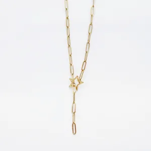 Gold paperclip chain necklace detail, star pendant link close up, minimalist Y necklace view