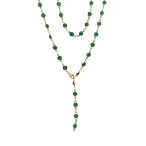 Gold Stainless Steel Y-Chain Necklace with Green Glass Stones Boho Fashion Jewelry