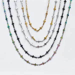 Stainless steel cross chain necklace set with multi-color options, stylish fashion jewelry.