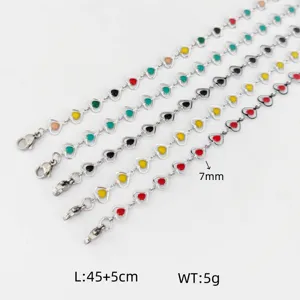 Stainless steel colorful enamel heart chain detail, 45+5cm length, 7mm size, 5g weight.