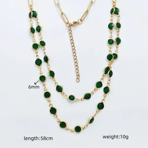 Stainless steel double layer green crystal necklace with 6mm stones, 58cm length 10g weight.