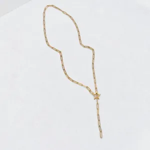 Stainless steel star paperclip Y necklace detail view, trendy gold tone jewelry accessory.