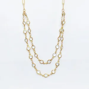 Stainless steel double layer layered necklace with crystal bezel station design