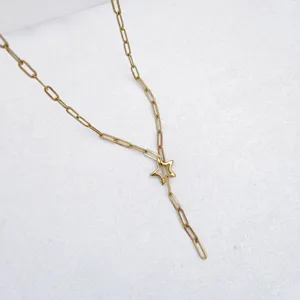 Gold paperclip chain Y-necklace with star pendant, chic stainless steel jewelry for women.