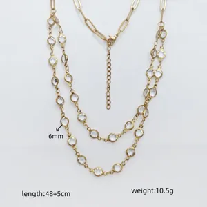 Stainless steel double layered necklace with clear crystal bezel stones, elegant choker jewelry.