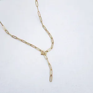 Detailed shot of gold stainless steel paperclip chain necklace with heart connector link.