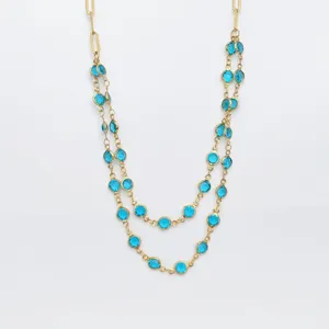 Stainless steel double layered necklace with blue crystal bezel set stones for women