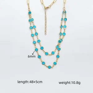 Stainless steel double layered necklace detail, blue crystal bezel stones, 48+5cm length.