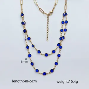 Layered Stainless Steel Necklace with Blue Crystal Stones Double Chain Choker Jewelry