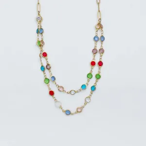 Close-up detail shot of the double-layer stainless steel multi-color crystal station necklace.