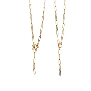 Gold paperclip chain necklace with star and heart charms, elegant Y-shape daily jewelry design.