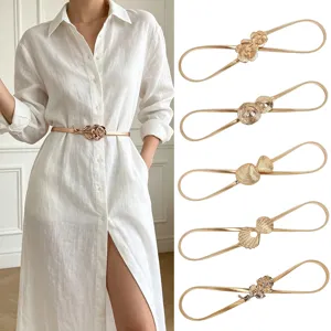 Women's Elastic Metal Belt Thin Gold Silver Waist Chain Decorative Spring Belt For Dress Sweater Rose Flower Shell Buckle Belt