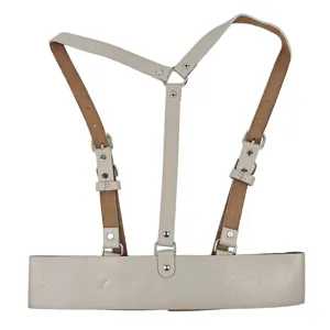 Cyberpunk women leather harness waist belt, front view of grey streetwear decorative vest.