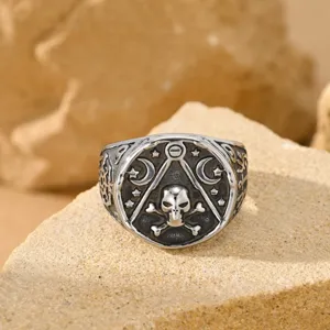 Vintage men's stainless steel skull and moon ring with weathered pirate aesthetic.