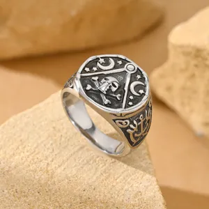 Vintage stainless steel men's pirate ring featuring skull and star-moon patterns