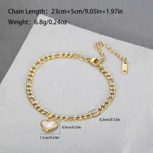 Stainless steel heart anklet with 18K gold Cuban chain, size measurements shown clearly.