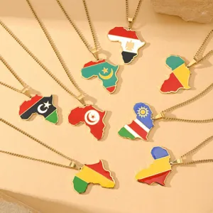 Edelstahl Afrikanische Karte Anhänger Halskette Bunte Länderflaggen Emailliert Hip Hop Herren Schmuck Geschenk