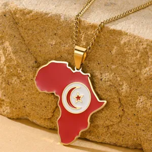 Goldene Edelstahl Afrika Karte Kette mit Tunesien Flagge Anhänger für Herren.