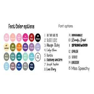 Gedetailleerde aanpassingsgids voor kinder-T-shirts met 23 kleuren en 15 letterstijlen.