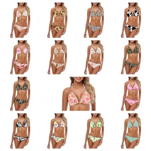 Collage che mostra vari motivi di set bikini a triangolo stringati sexy da donna