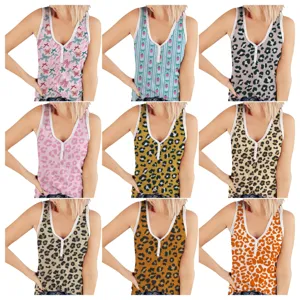 Collection of women's ribbed V-neck tank tops featuring various leopard and floral prints