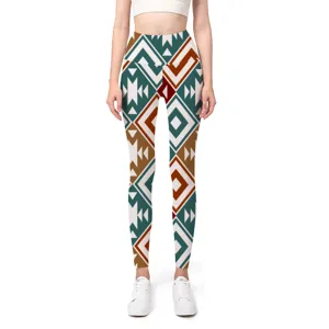 Detailed macro view of high-waist yoga leggings with teal and brown geometric pattern