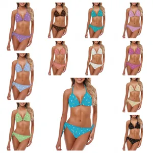 Collage dettagliato che mostra vari colori di bikini con motivo a codette colorate