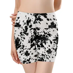 Nahtlose High-Waist Yoga-Shorts für Damen mit modischem schwarz-weißem Kuhmuster-Druck