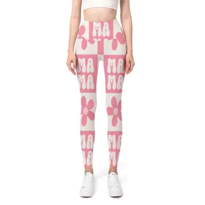 High-waisted seamless yoga leggings with pink flower checkerboard and MAMA print design