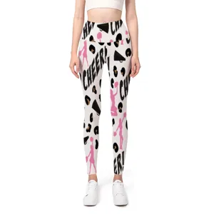 High waist seamless yoga leggings with pink cheerleader and cheetah print patterns.