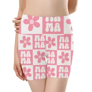 Rosa-weiße karierte MAMA-Yoga-Shorts mit Blumendruck für Damen in Detailansicht