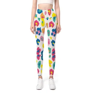 Detail view of colorful leopard print high waist seamless fitness yoga leggings on model