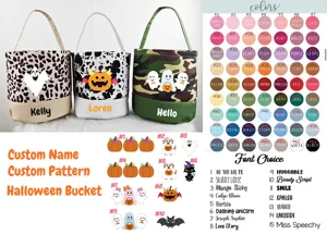 Detail showing customizable font styles, color options and patterns for Halloween buckets.